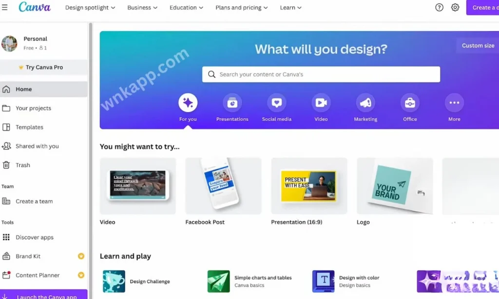 Interface of Canva